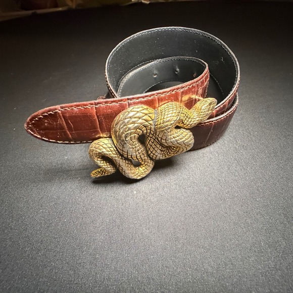 VTG Vicenza Belt Snake Buckle Mens 32 Brown Gold Croc Calf Leather Italian